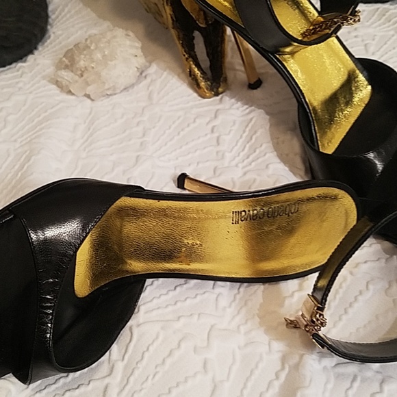 Roberto Cavalli Black and Gold Ankle Strap Heel 6 - Picture 2 of 6